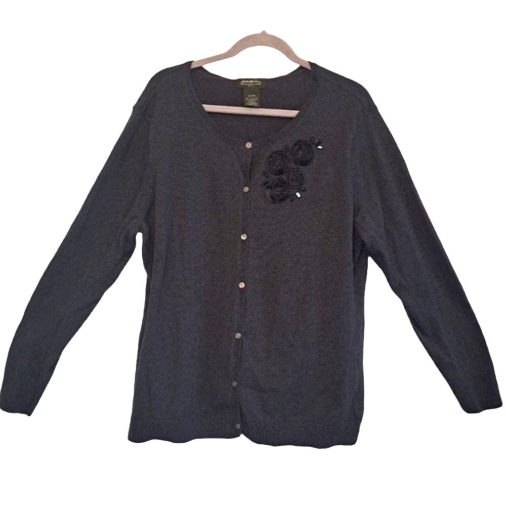 Eddie Bauer Gray Floral Flower Cardigan Size XXL